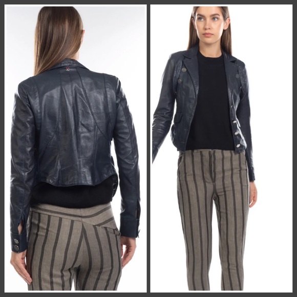 CELYN B. Dark-Navy Leather Blazer Jacket XS(40) - Picture 1 of 3